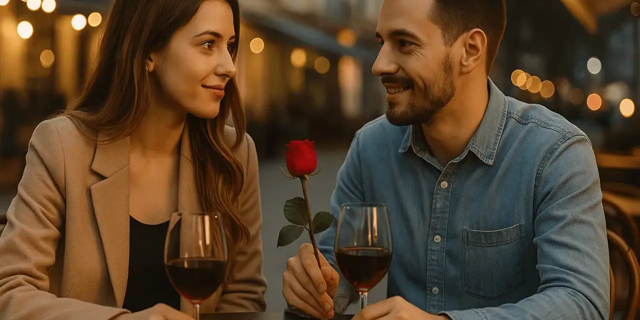 Para i róża na pierwszej randce przy winie.