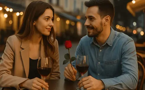Para i róża na pierwszej randce przy winie.