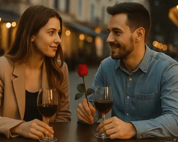 Para i róża na pierwszej randce przy winie.