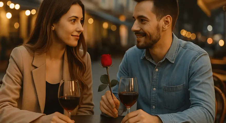 Para i róża na pierwszej randce przy winie.